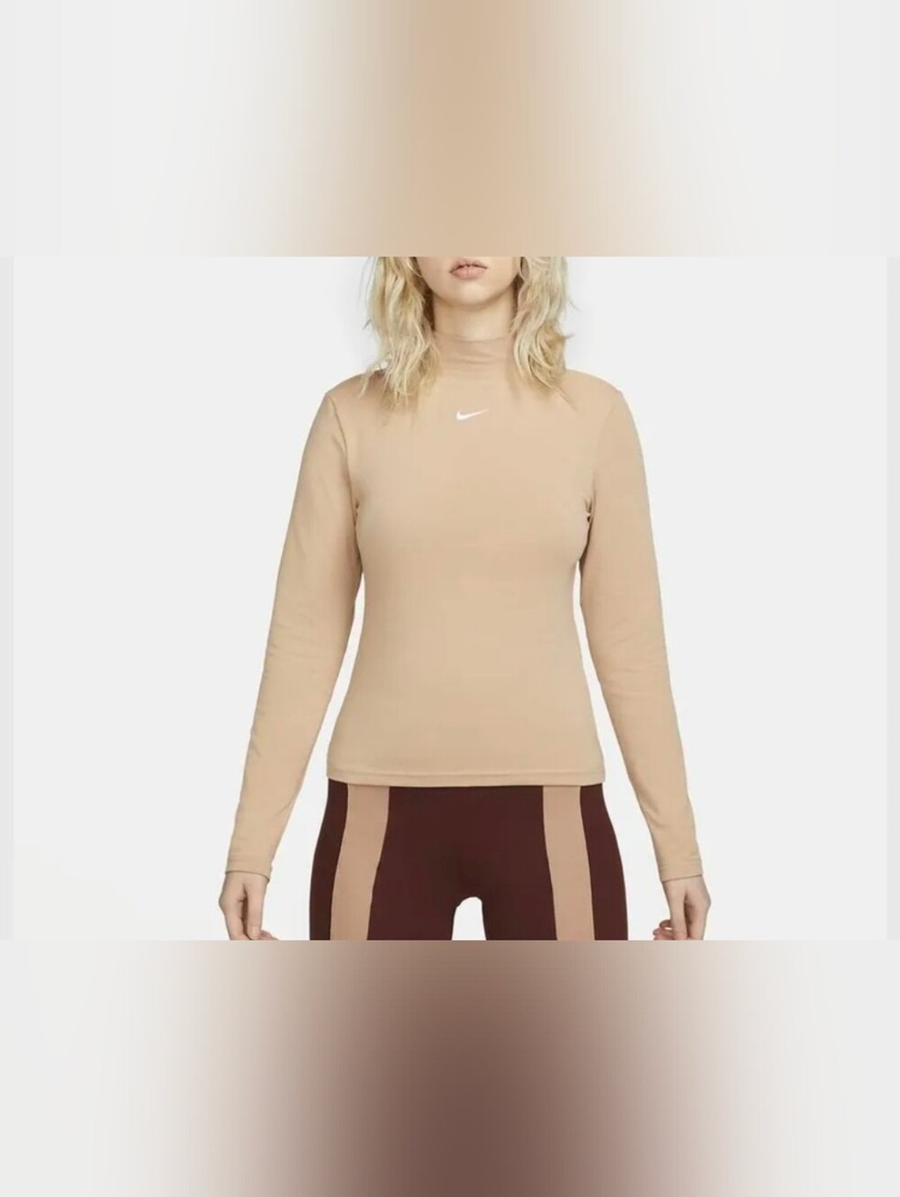 Nike Middle Swoosh Sweatshirt Womens M Camel Cotton Mock Neck Short